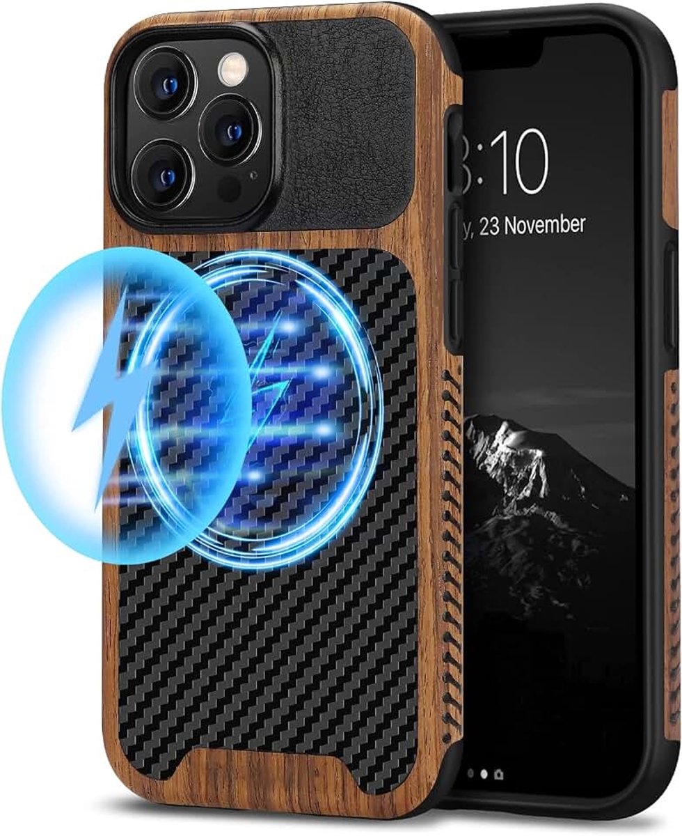 Magnetische hoes compatibel met iPhone 13 Pro Max hoesje houtnerf met koolstofvezel textuur ontwerp lederen hybride slanke hoes (compatibel met MagSafe) zwart