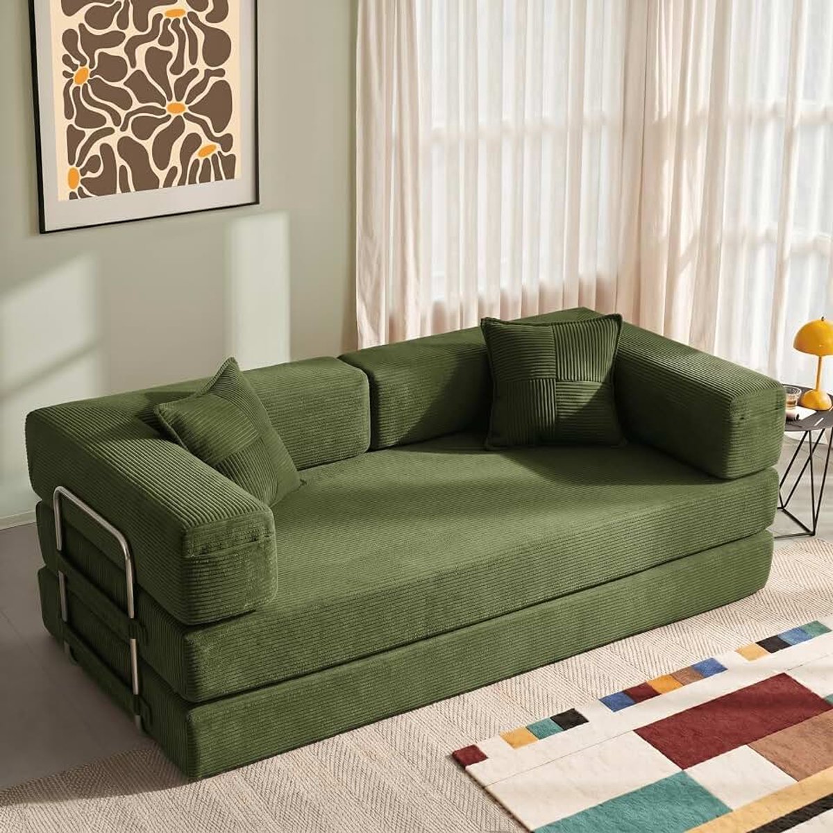 Opklapbare slaapbank 200 cm Super King Size, omkeerbare modulaire slaapbank, corduroy boneloos bankje met metalen frame, 3-zits vloerfuton matras, antislip basis, wasbare hoes