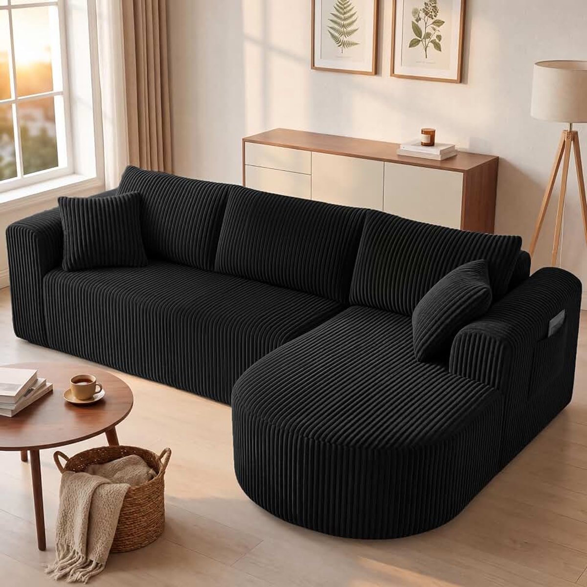 Hoekbank met slaapfunctie, 243 cm, corduroy, modulaire boneless bank met chaise longue, L-vormige slaapbank, sectionele banken met kussen en zijzakken, bank voor woonkamer, geen montage, zwart