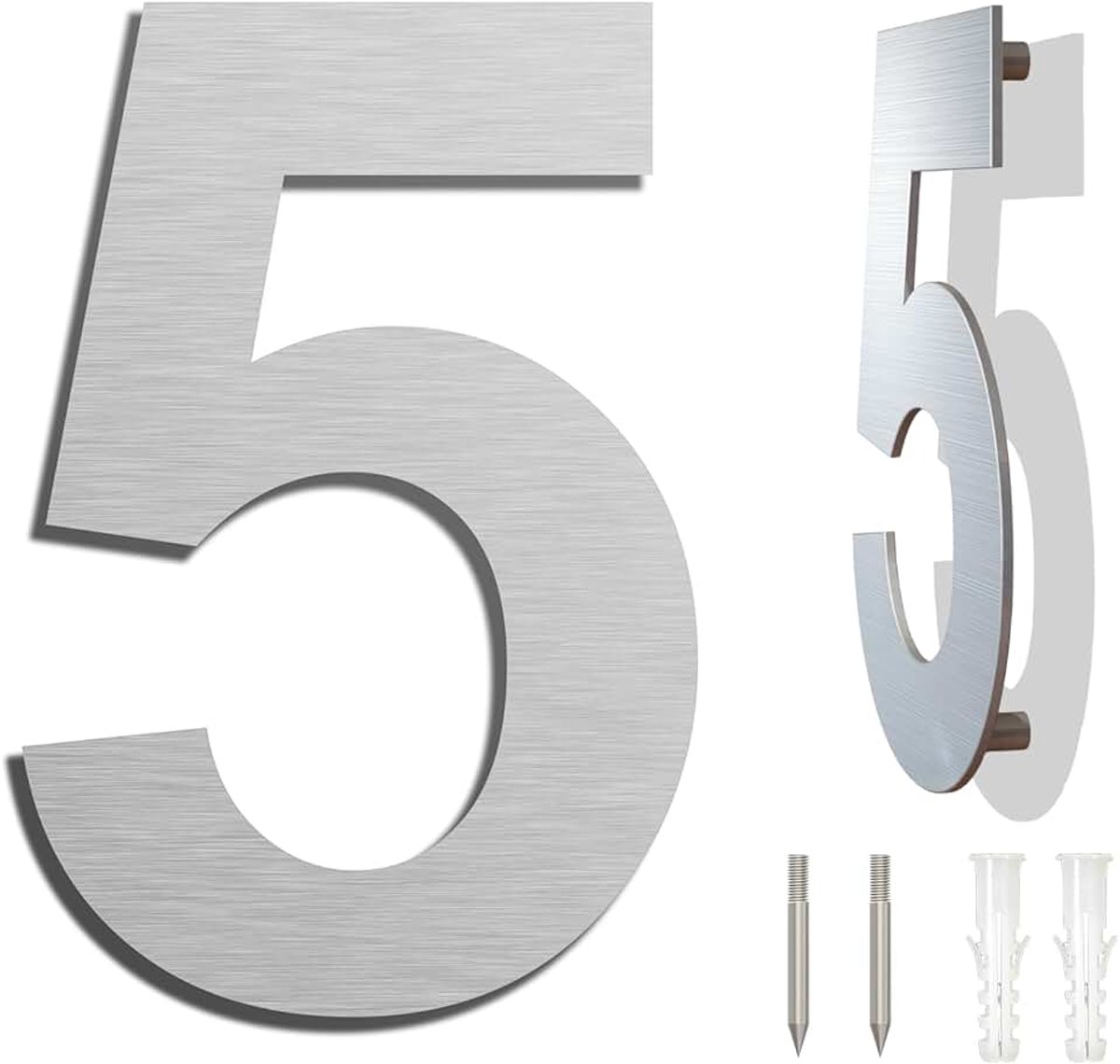 Stalen huisnummer groot, weerbestendig en onderhoudsvriendelijk, metallic matte zilveren afwerking, moderne zwevende look en eenvoudige installatie, hoogte 203 mm, Arial cijfer 5