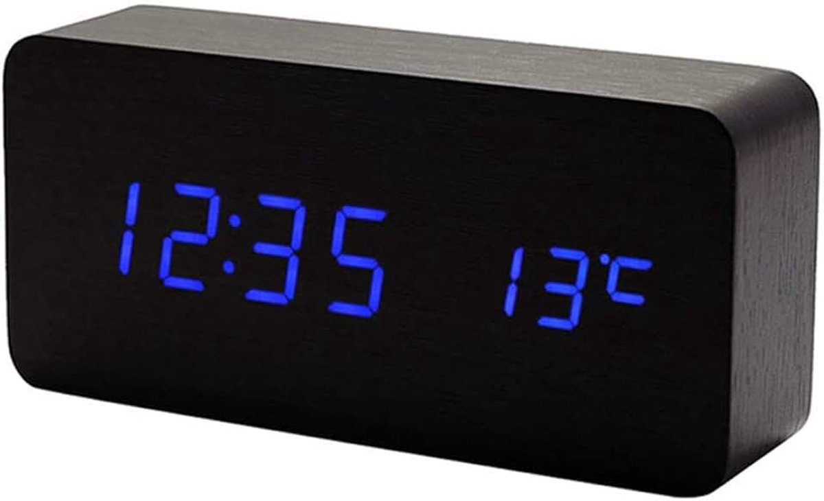 Klok van hout – multifunctionele led-wekker met tijd/datum/temperatuurweergave en spraakbesturing voor onderweg – AC11Black_Blue