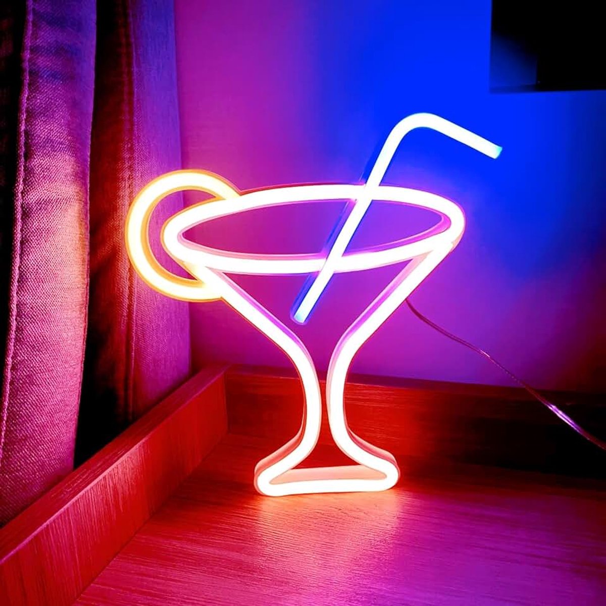 Cocktails, wijnglas, neonlicht op batterij en USB dual voeding, bar neon nachtlichtborden voor wanddecoratie, cocktail, nachtlamp voor bar, club, cocktailbar, restaurant, winkel