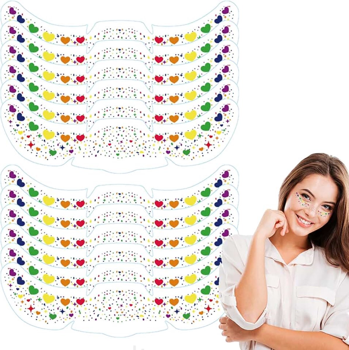 Set van 12 glittertattoos, watervaste gezichtstoeages voor festival, feest en carnaval, multichrome sproeten, huidvriendelijk en duurzaam