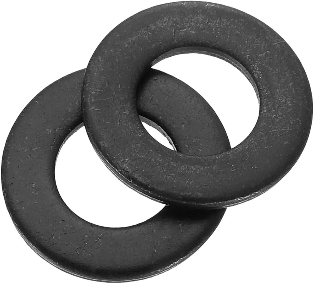 Platte ringen van koolstofstaal 8,4 mm binnendiameter x 16 mm buitendiameter x 1,6 mm dikte voor schroeven, fabrieken en buitenbouw, zwart