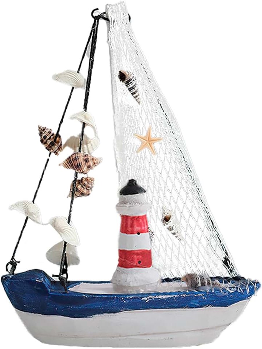 Zeilboot model boot decoratie, maritieme badkamerdecoratie, zeilschip en strandstoel van hout, vuurtoren, badkameraccessoires, mooie decoratie voor de badkamer