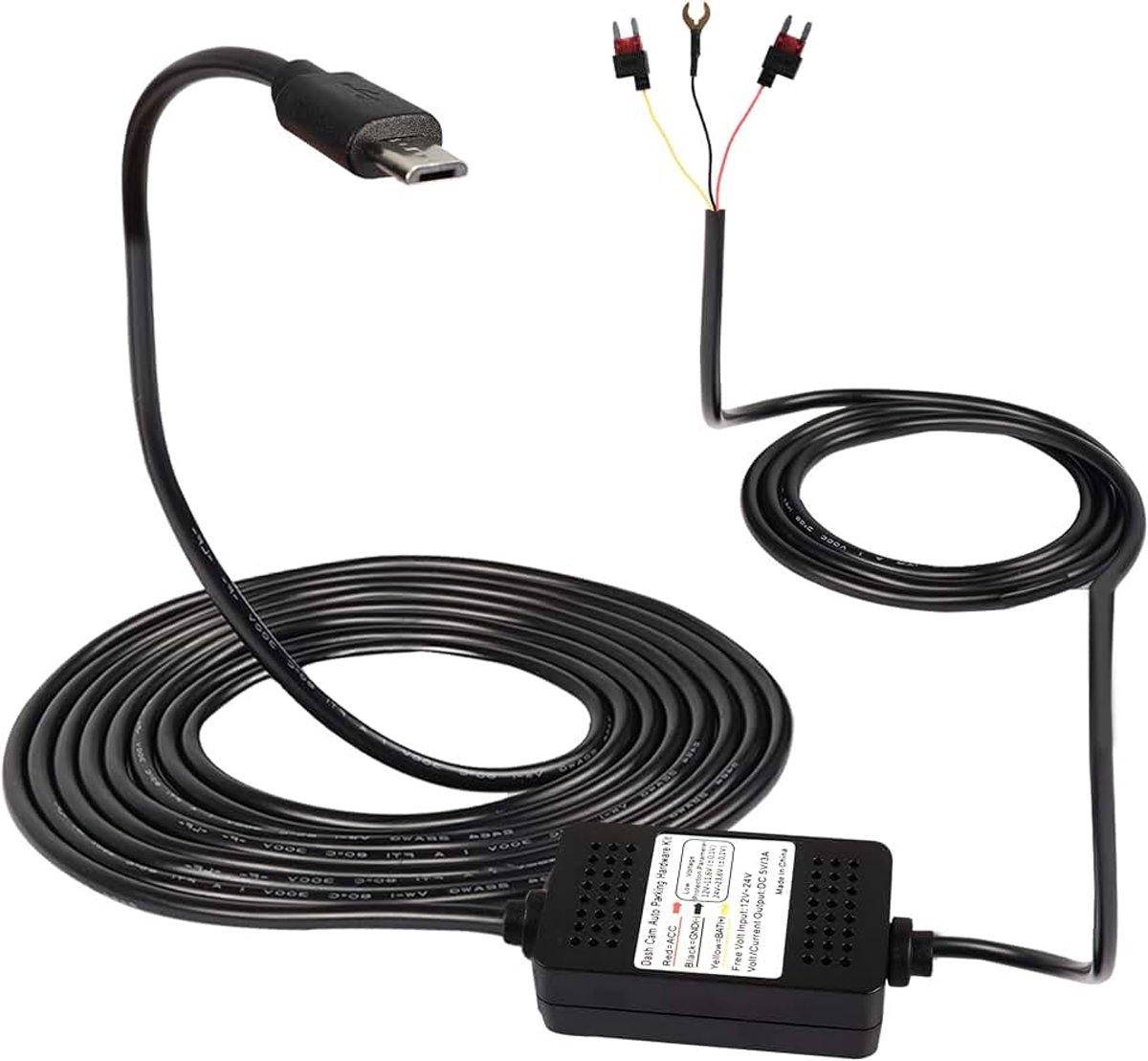 Dash Cam ACC hardwire kit, micro USB hardwire dashcam kit step-down kabel, 12V-24V naar DC 5V 3A Car Dash Charger netsnoer - 3,5 m