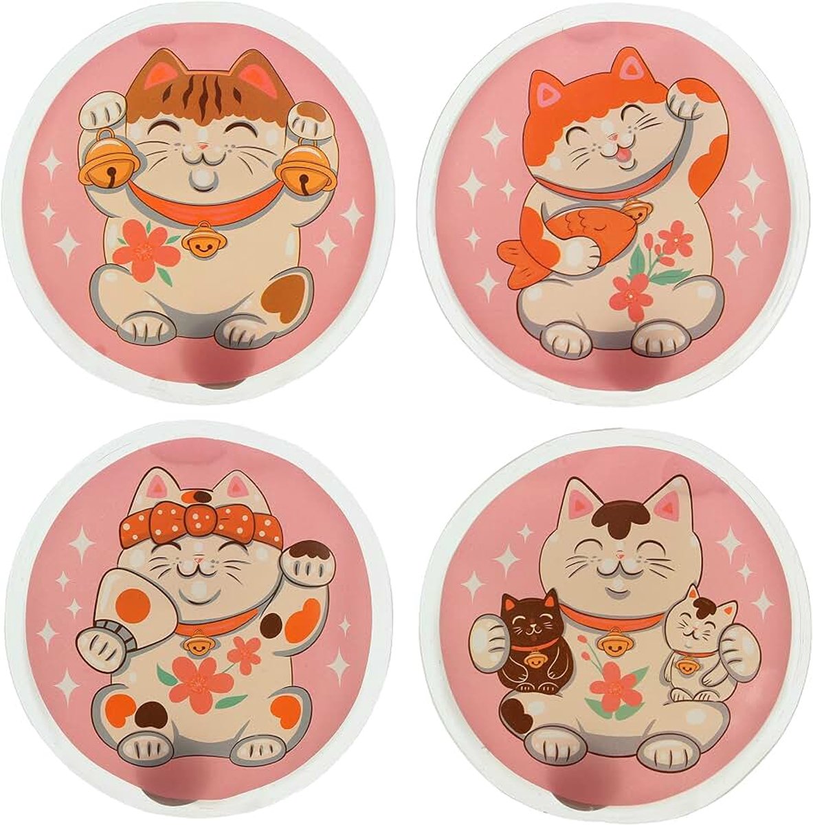Warmtezakjes, herbruikbare warmtepads, voor koude dagen en voor onderweg, warmteknikkussens met leuke motieven (set van 4, gelukskatten)