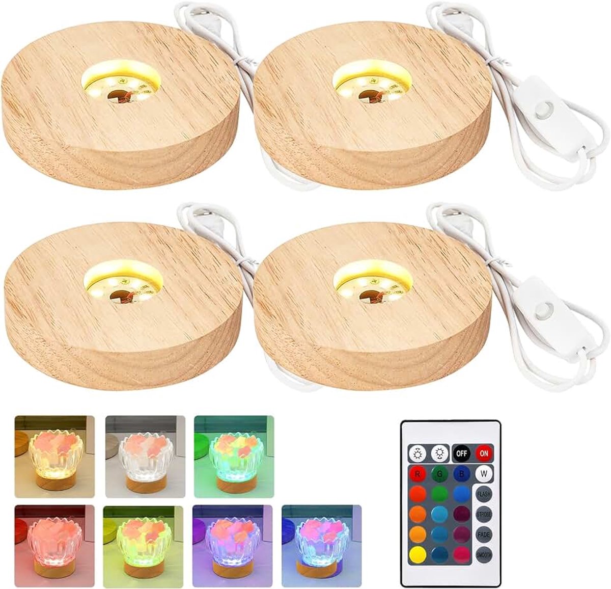 4 stuks houten led-sokkels, ronde lichtsokkel met veelkleurig licht voor acrylglas, glasblok, kristal, hars, USB-verlichte displaybasis