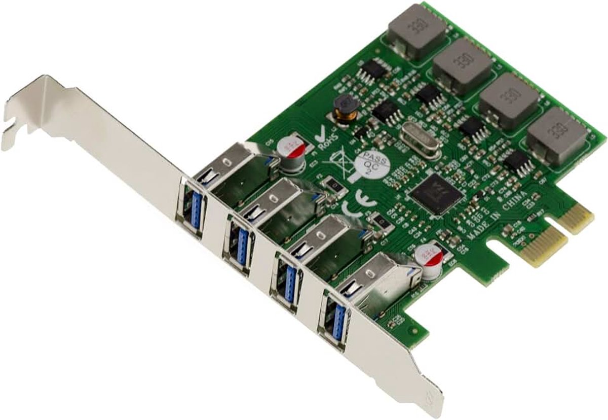 Express PCIe naar USB 3.0-controllerkaart met 4 horizontale USB3 Type A-poorten en Via VLI VL805-chipset. Beugels voor laag en hoog profiel.