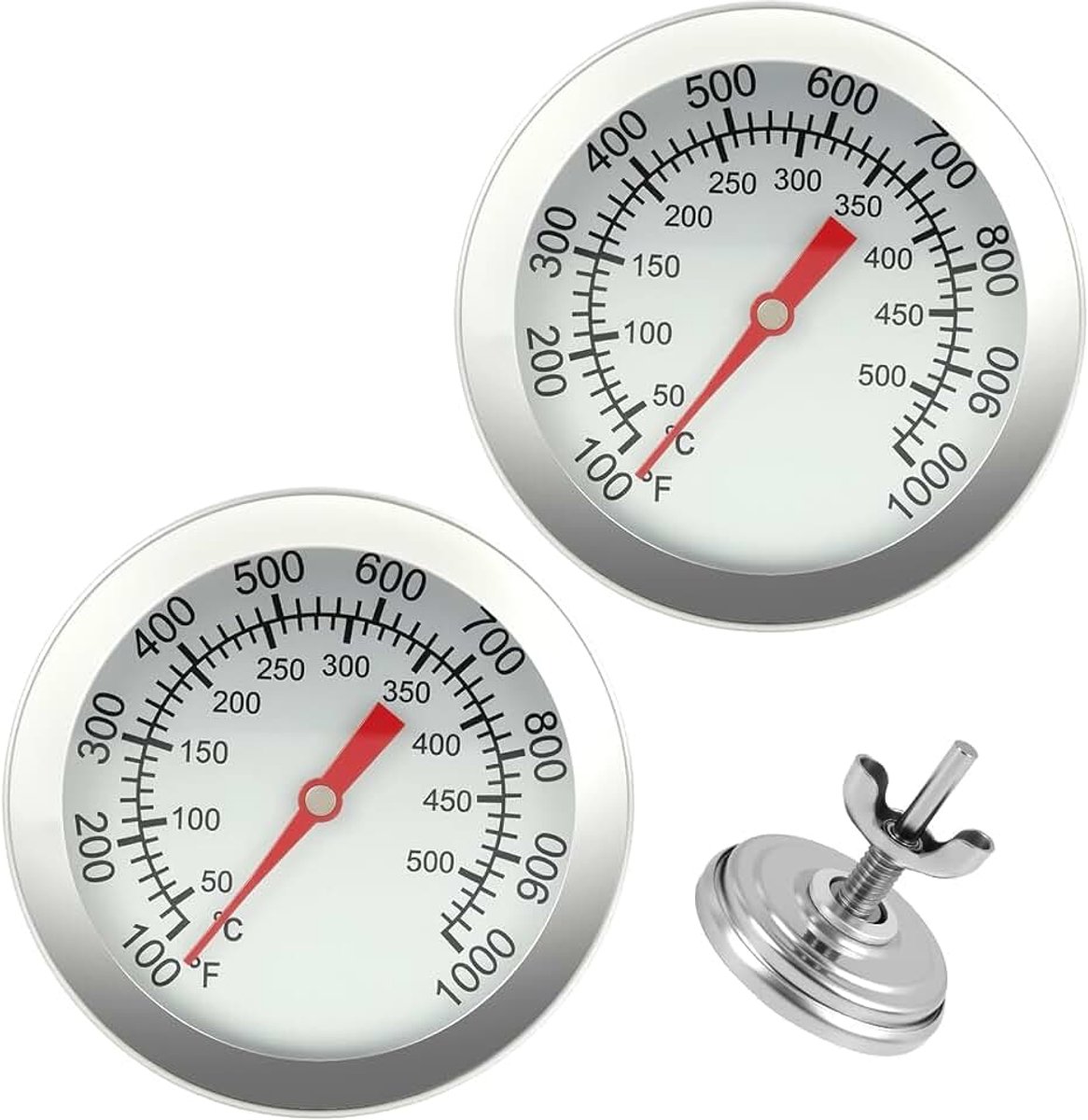 2 stuks roestvrijstalen barbecue-thermometer, analoge oventhermometer met dubbele schaal 50-500 °C en 100-1000 °F, hittebestendige inbouwthermometer voor rookoven, rookoven, grill en pizzaoven