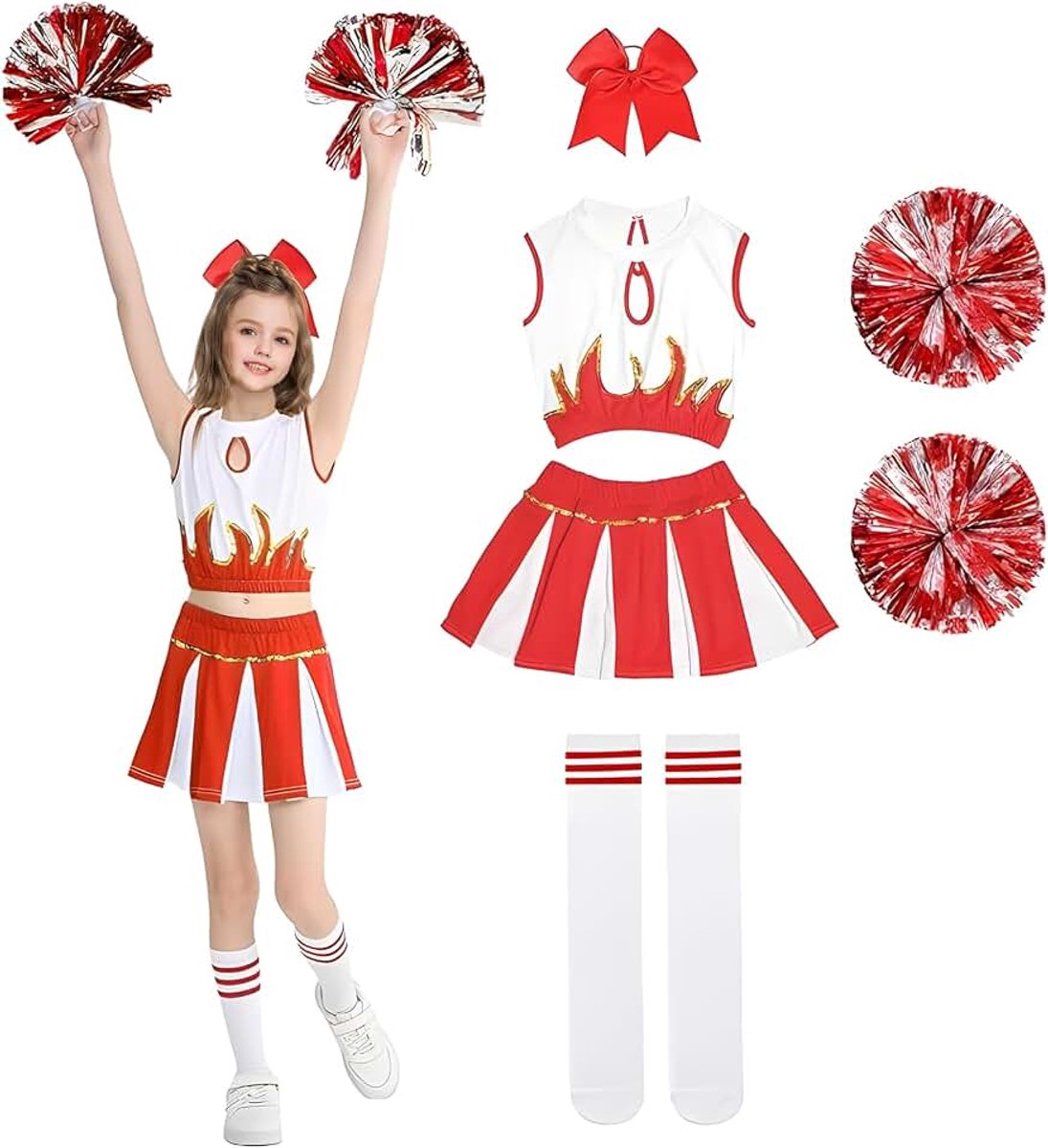Cheerleader-kostuum voor meisjes, carnaval: cheerleader-jurk voor meisjes met pompons, sokken en haaraccessoires voor school, cosplay-feest