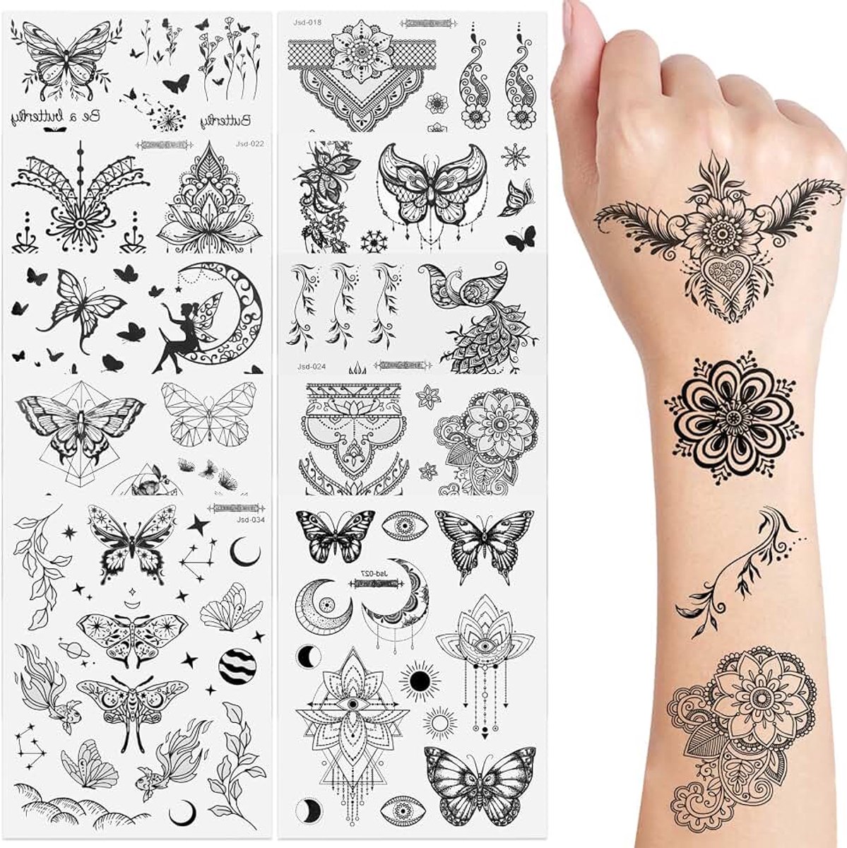 Tijdelijke tatoeages, zwart, namaaktoeages, mandala-tatoeages, stickers voor volwassenen, tijdelijke tatoeages, waterbestendig, voor vrouwen en mannen, lichaamstattoos Imperm