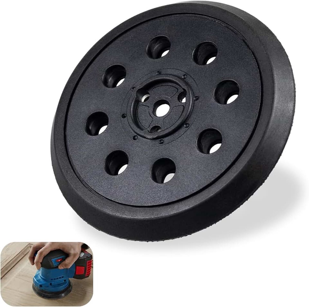 Schuurpad van 125 mm, compatibel met BOSCH PEX 12, PEX 12 A, PEX 125 en PEX 125 AE. 8 gaten, klittenbandsluiting, duurzaam en hittebestendig tot 80 °C.