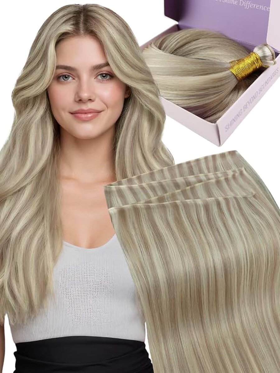Haarlokken van echt haar om in te naaien, asblond met lichtblond, 40 cm, 50 g | Genius vlechten van echt haar, zonder korte achterharen, vrij op maat te snijden, lage opbouwhoogte, voor fijn haar