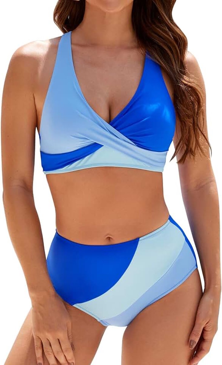 Tweedelig badpak voor dames, V-hals, gekruiste kleurblokken, badmode, hoge taille, buikcontrole, bikiniset