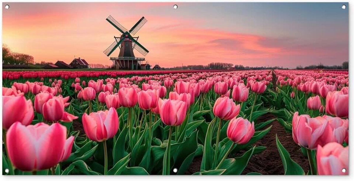 Tuinposter 160x80 cm Balkon Tuindecoratie Poster Garden Outdoor Posters Tuin Decoratie Tuinposters Voor Buiten Terras Tuinmuurdecoratie Tulpen - Molen - Nederland