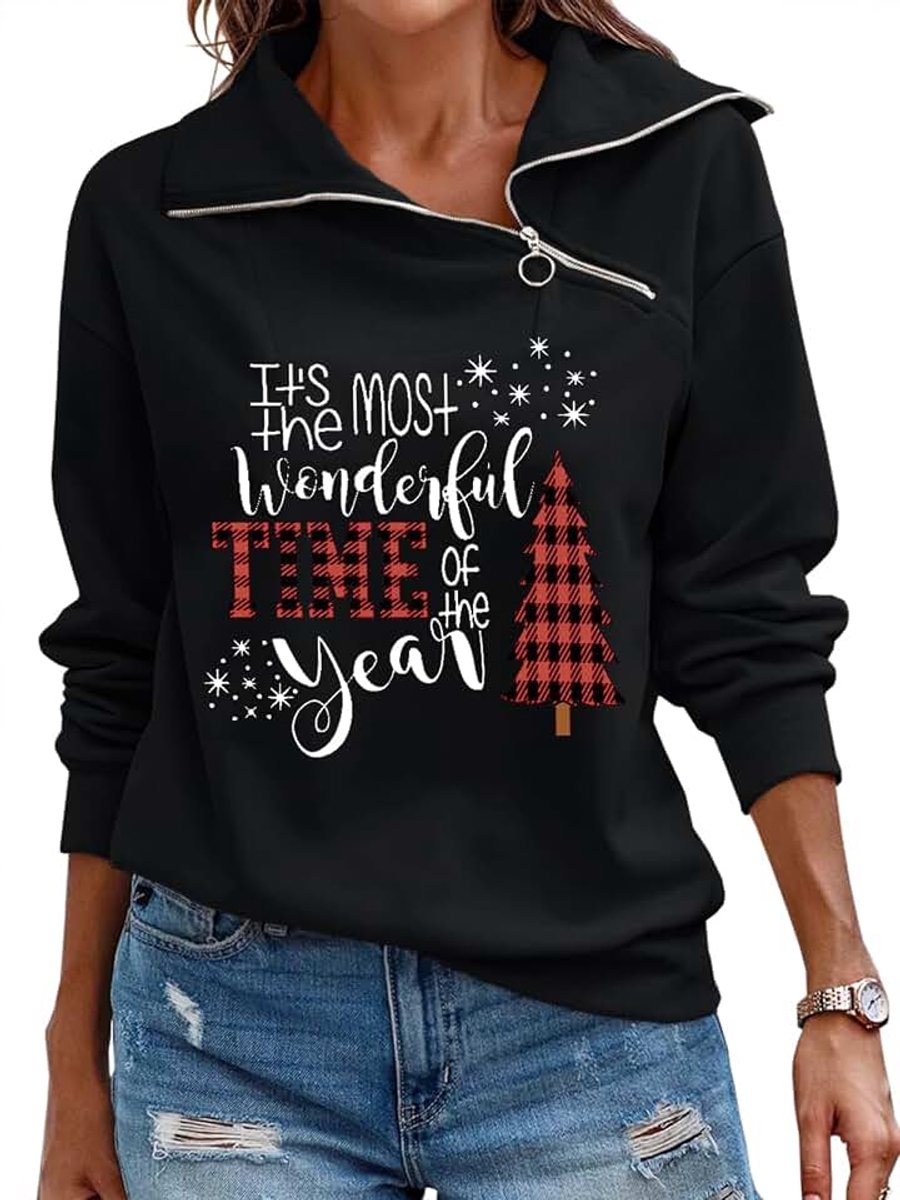 Dames sweatshirt Kerstmis bedrukt opstaande kraag pullover lange mouwen reverskraag winter bovenstuk met ritssluiting