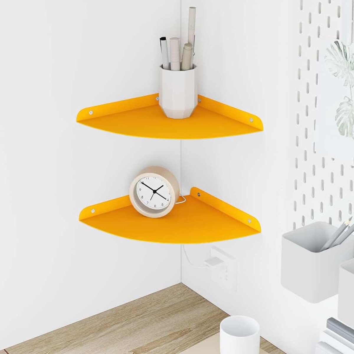 Zwevend rek 2 stuks mosterdgeel 24 x 24 x 2 cm | kwartronde vorm, verhoogde rand, wand- en hoekmontage, eenvoudige reiniging