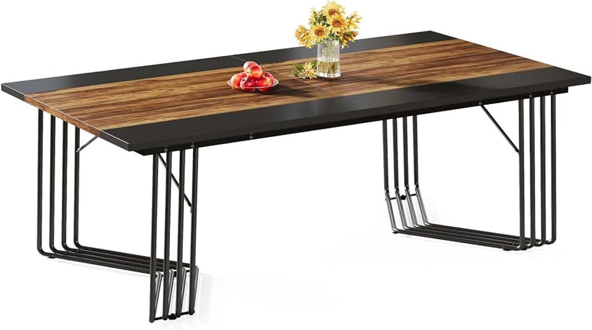 Rechthoekige eettafel voor 8-10 personen, 200 cm grote industriële keukentafel, eettafel voor woonkamer, keuken, metalen frame, rustiek bruin