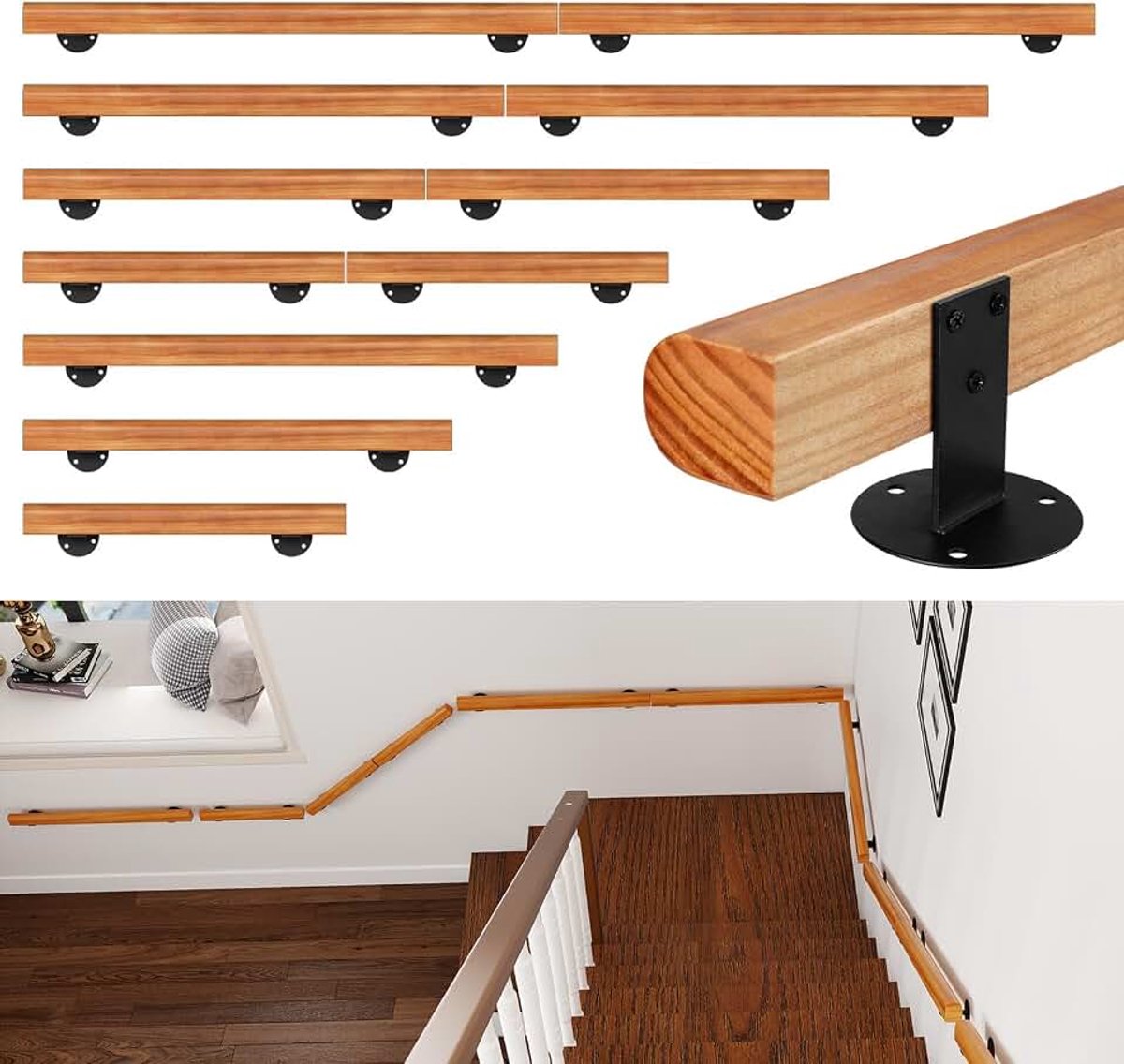 Leuning van grenenhout, 180 cm, voor trap, wandleuning, wandleuning, zijmontage, inclusief wandhouders, montagemateriaal, voor binnen, halfrond hout