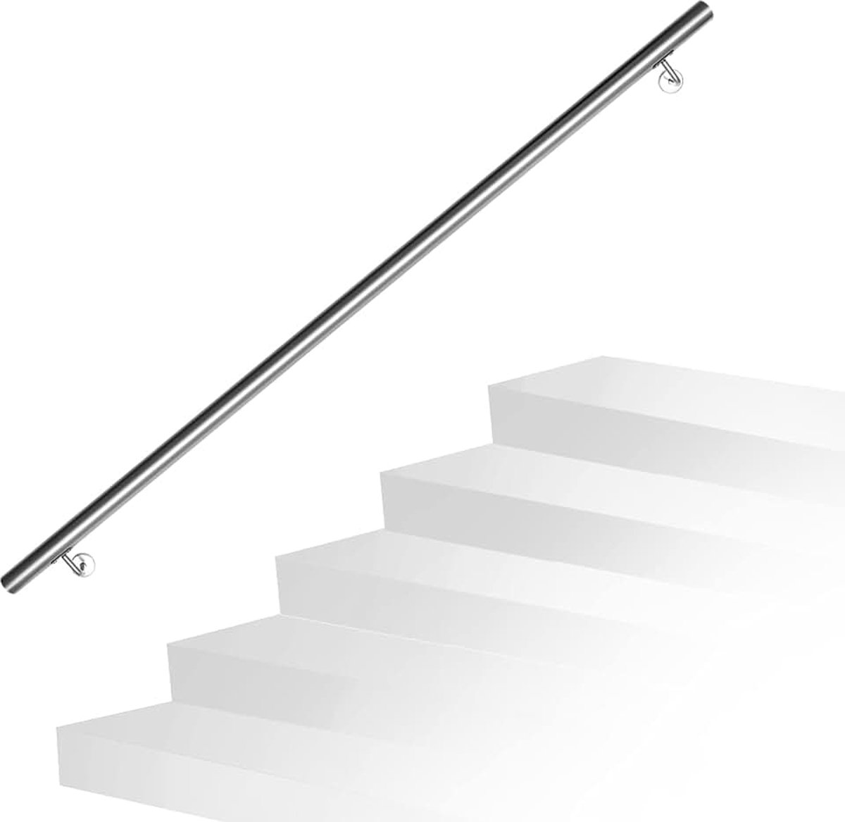 150 cm roestvrijstalen leuning, trapleuning met wandhouder en eindkappen, wandleuning, reling voor buiten en binnen