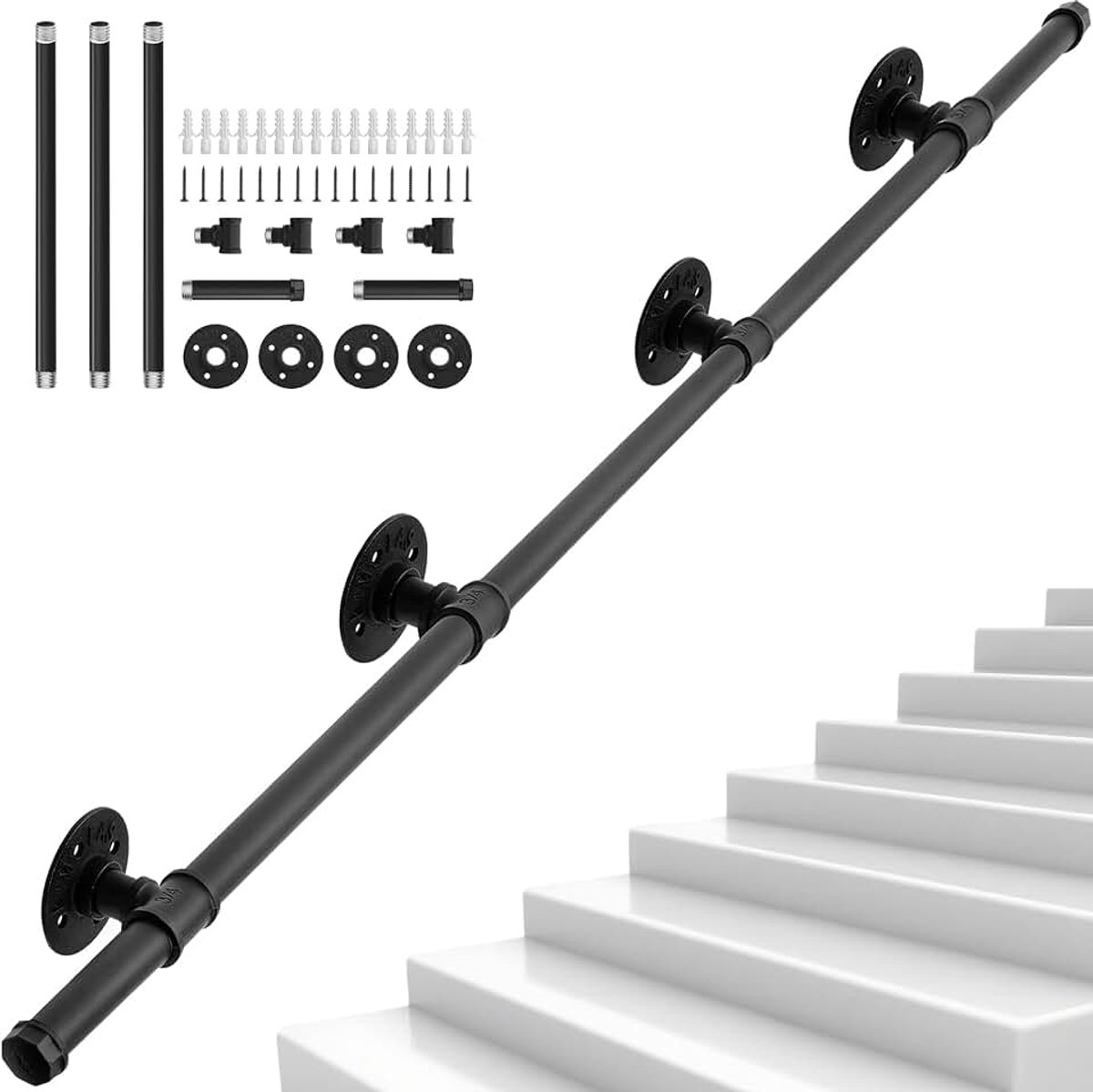 Leuning, 335 cm, zwart, smeedijzer, wandleuning kaliber: ø25 mm, geschikt voor binnen en buiten, trapleuning, met wandhouder en eindkappen