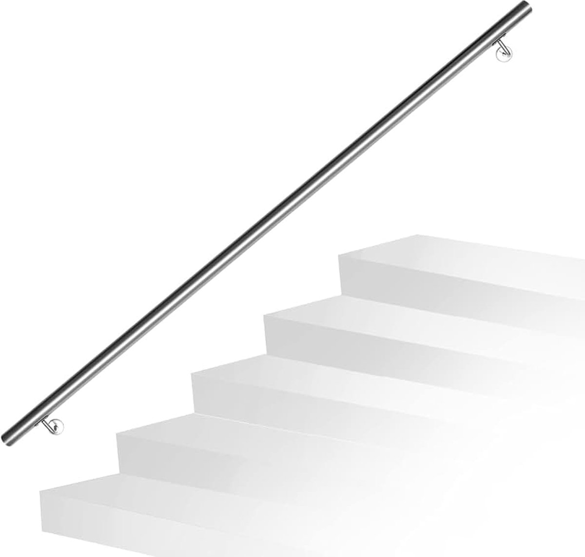 Roestvrij stalen leuning, trapleuning, wandleuning, wandleuning met wandhouder en eindkappen, voor binnen en buiten, voor trappen, balustrade, balkon, lengte: 180 cm