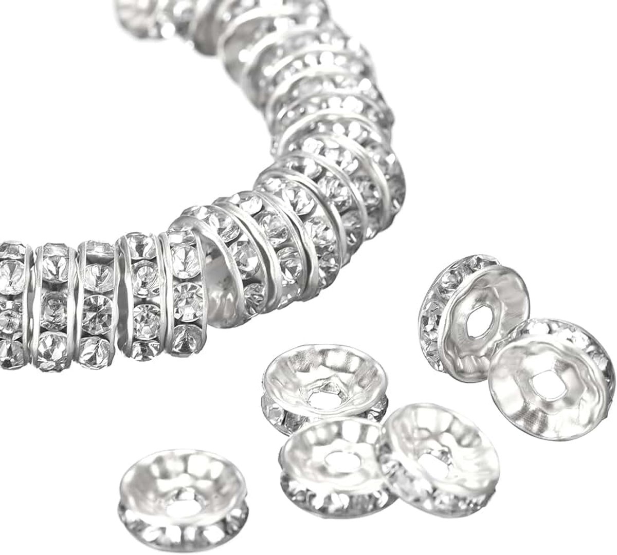 Kralen, 6 mm, rondelle, afstandskralen van strass, verzilverd, losse ronde kralen voor armbanden, halskettingen en sieraden, zilver-wit