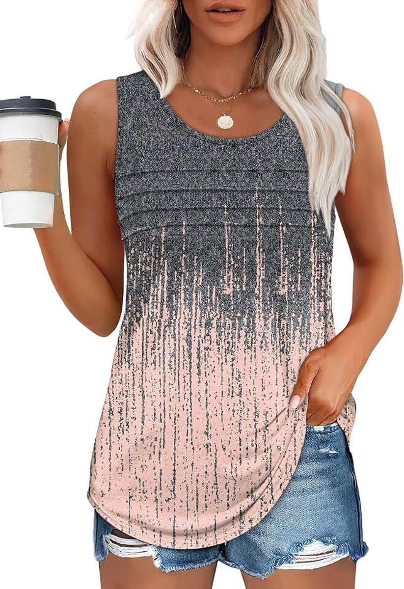 Tanktop dames plooien ronde hals bovenstuk mouwloos lange tuniek zomer casual elegant