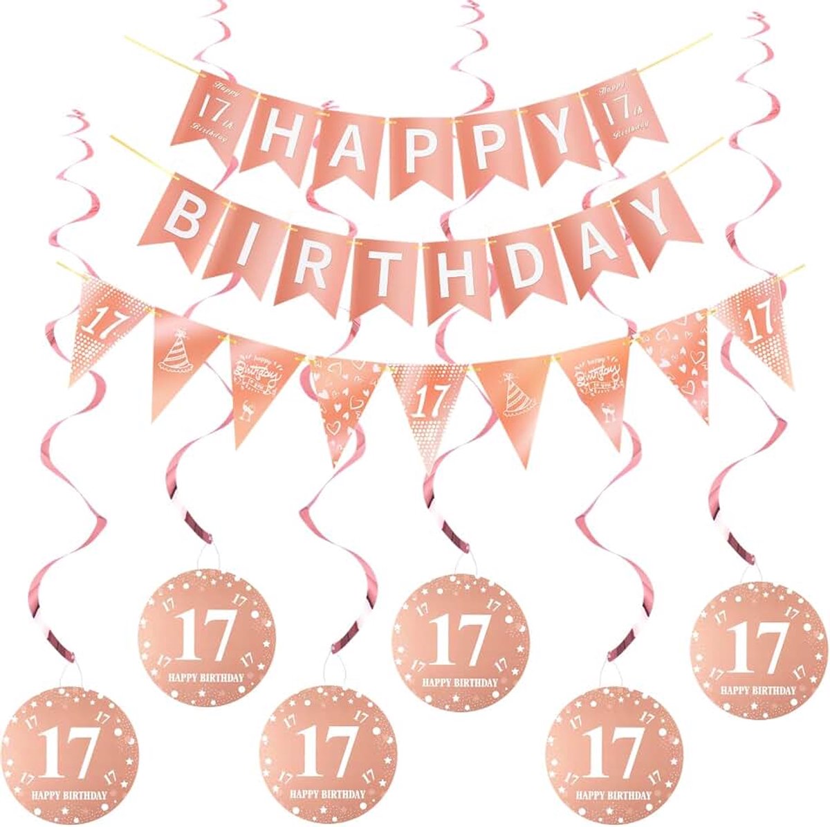 Gold Happy 17e verjaardag banner + driehoekige vlaggen Happy 17e Birthday slingers + 17e verjaardag hangende decoratie spiraal set, roségoud 17e verjaardag decoraties voor meisjes