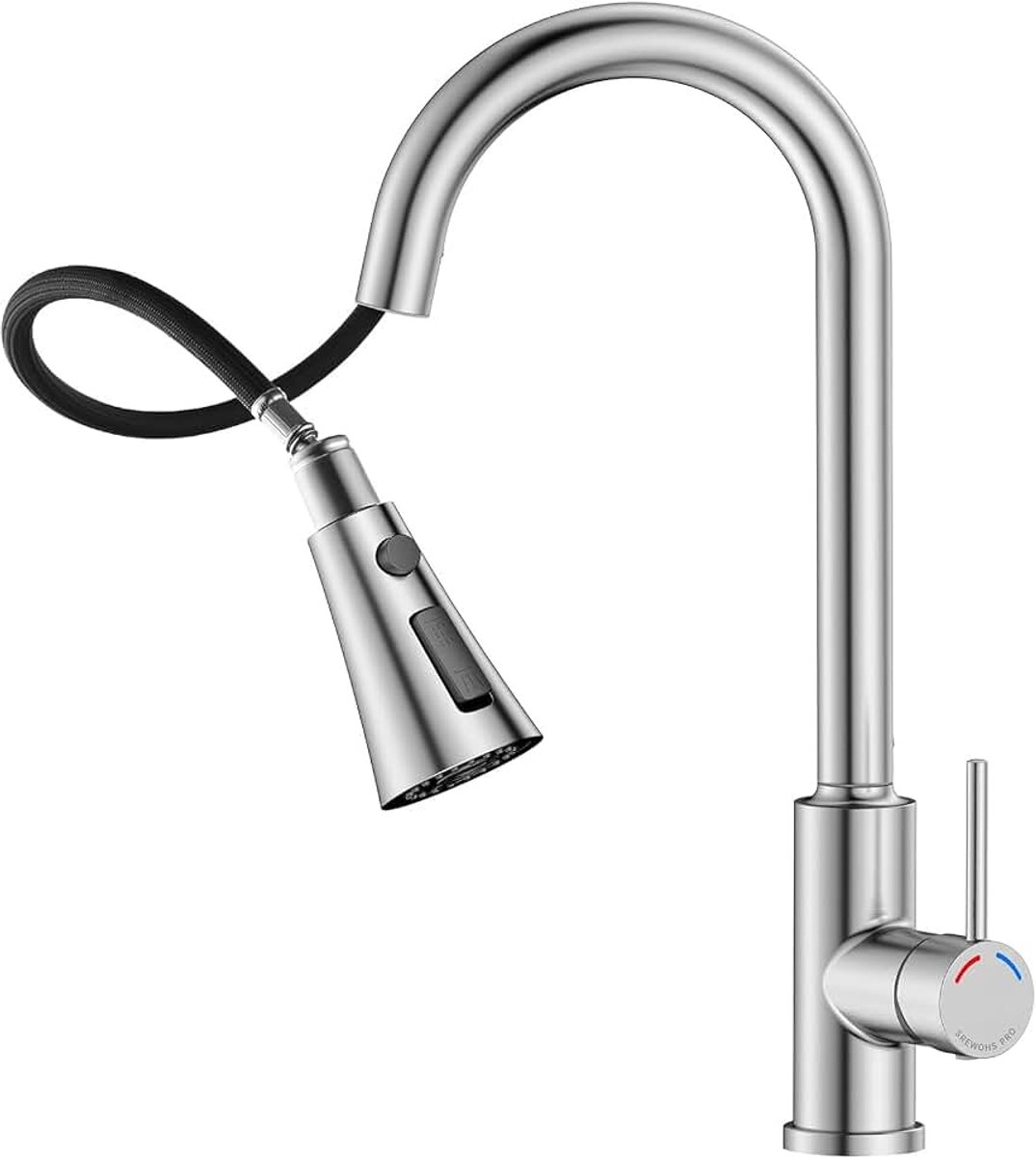 Keukenkraan met uittrekbare douche, 3 straalsoorten, waterkraan, keuken, 360° draaibaar, roestvrij staal, SUS304 spoelbakarmatuur, hogedruk eengreepsmengkraan voor 1-gats gootsteen