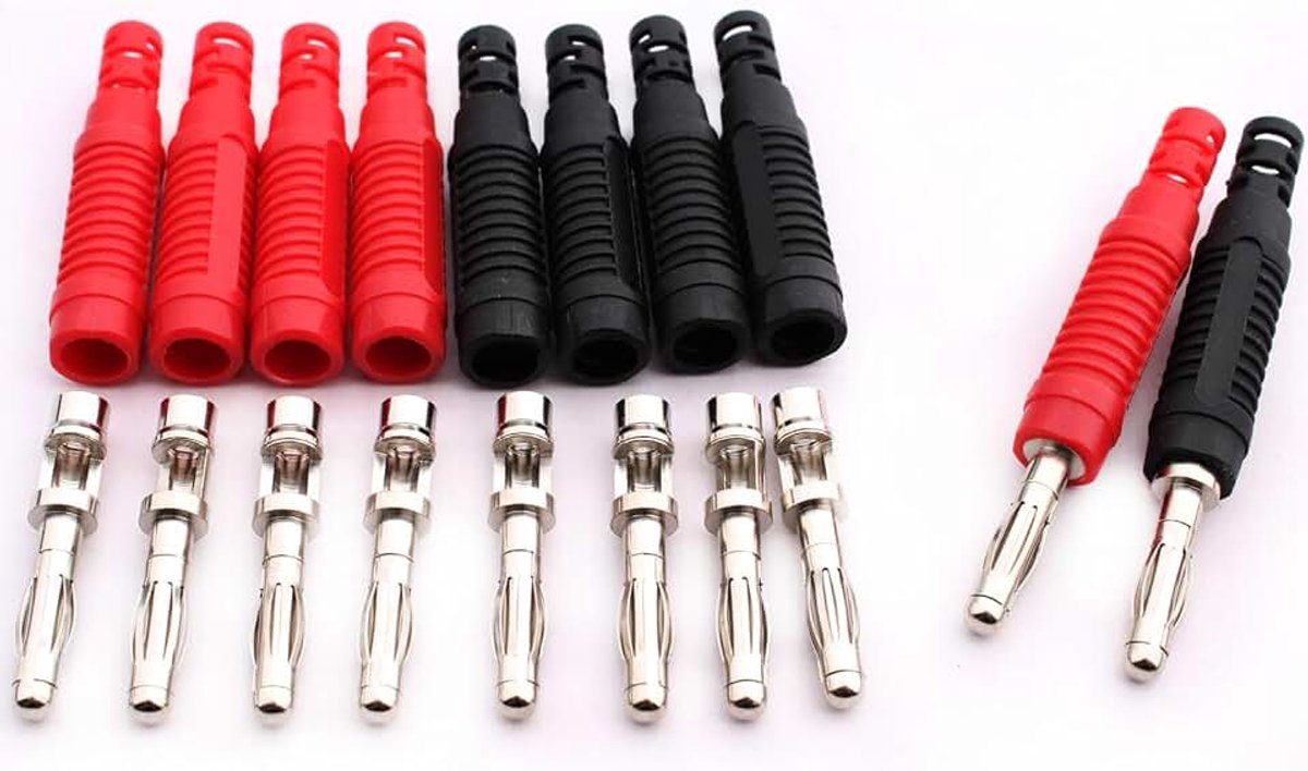 10 stuks geïsoleerde bananenstekkers 4 mm, 4 mm soldeer mannelijke banaanstekker voor multimeter testdraden (zwart rood)
