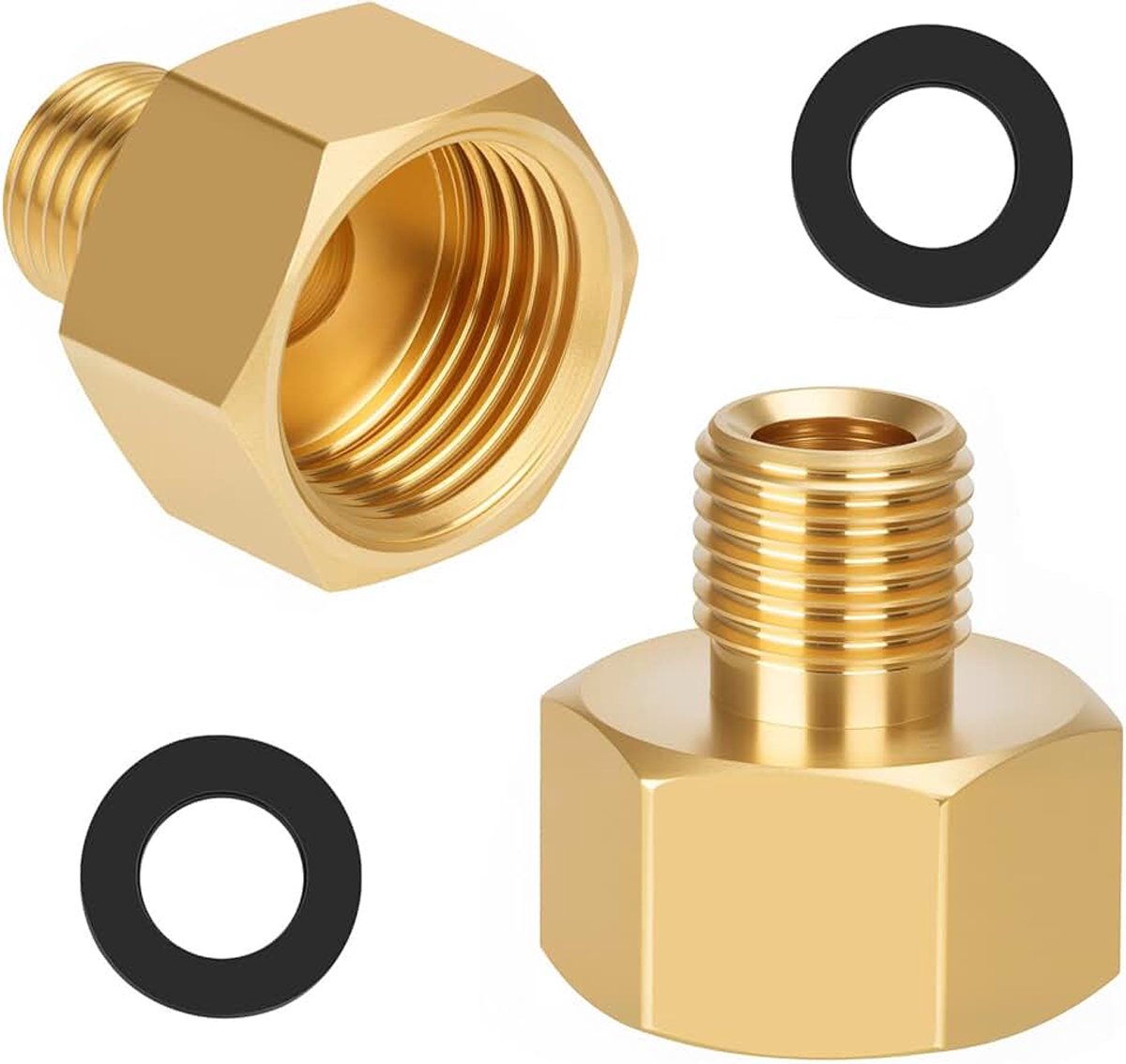 2 stuks LPG gasadapters 1/2 inch R x 1/4 inch links, messing, 2 stuks, met rubberen afdichtingen, voor gasfornuis, campingkooktoestel, krukkoker, gasslangconnector