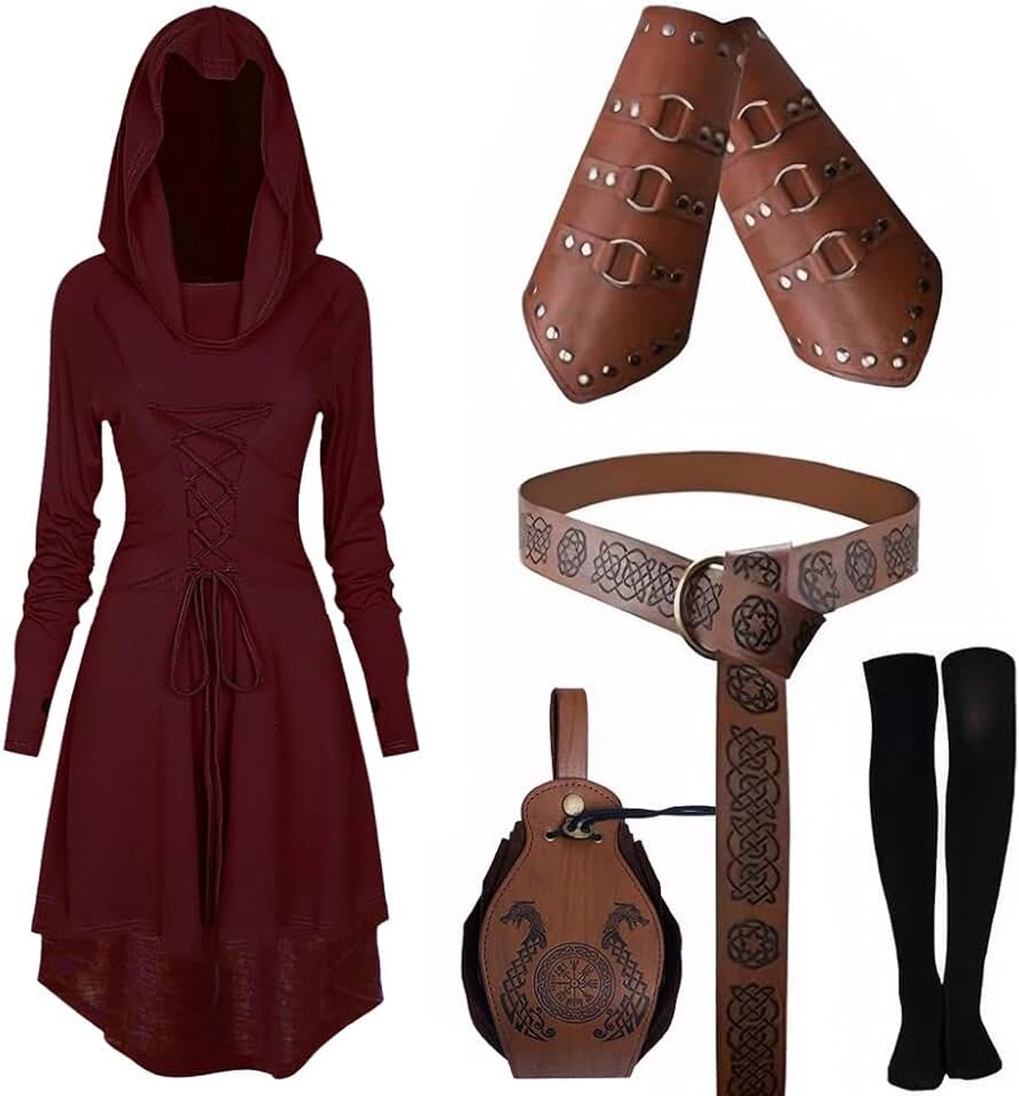 Jurk met capuchon voor dames, renaissance-kostuum, set met armbescherming, riem, riemtas, kousen, accessoires