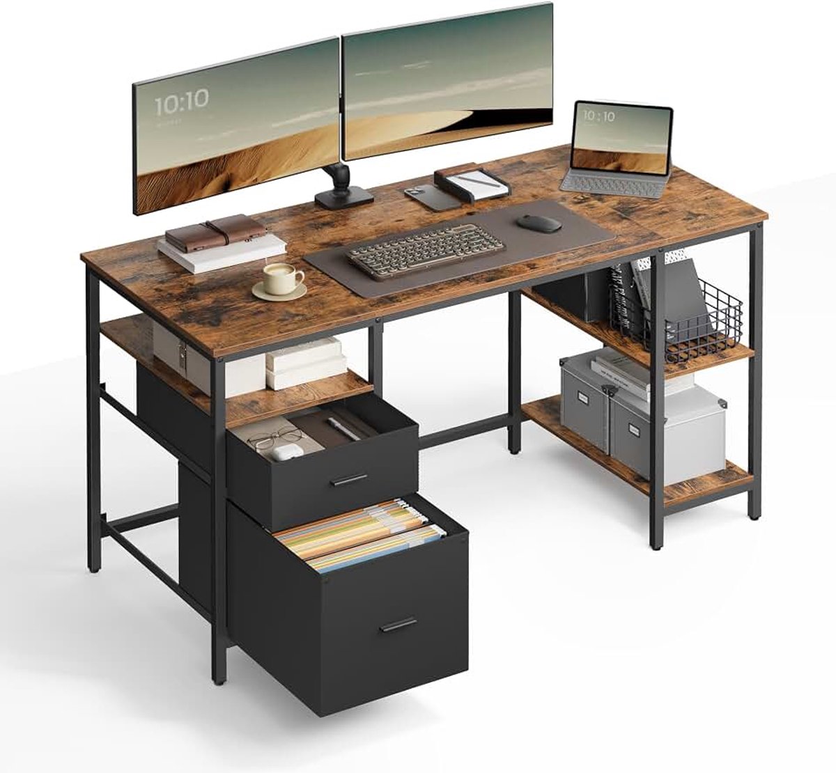LWD104B01 Computerbureau, bureau, schrijfbureau met 3 planken, 2 laden, 60 x 140 x 76 cm, voor thuiskantoor, woonkamer, industriële stijl, rustiek bruin en inktzwart