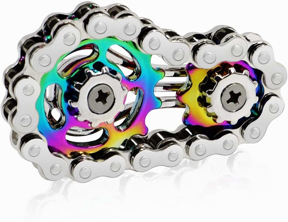 Fidgetspeelgoed, fietsketting, fidgetspeelgoed met 2 versnellingen, angstverlichting, vingerspeelgoed, gadgets-handspinner voor volwassenen (zilver + kleur)