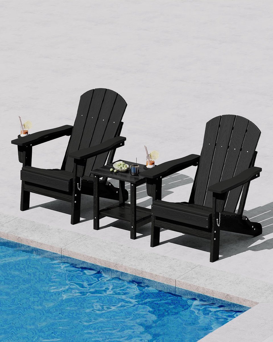 Triumpunpre Adirondack Stoel Set van 4 met 2 Bijzettafels - Opklapbare HDPE Tuinstoelen met Houtlook - Weerbestendige Loungestoelen voor Tuin, Terras & Balkon - Zwart