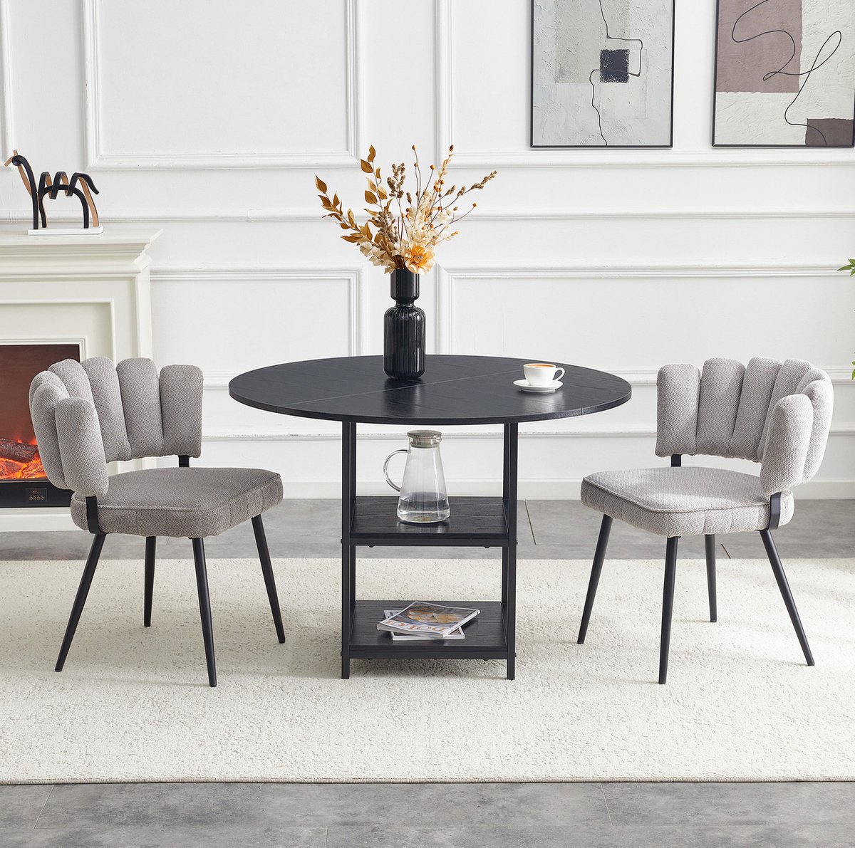 MODFU Tafel En Stoelset - Rond - Industrieel - 2 Stoelen - Zwart Grijs