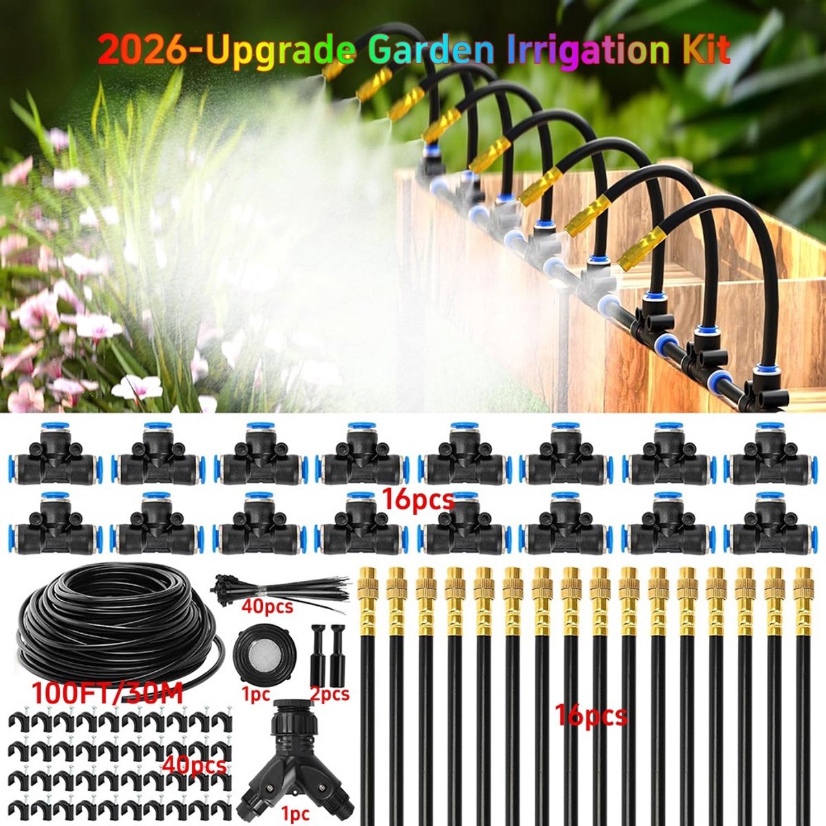 casalora - 30 meter snelkoppeling irrigatiesysteemset – Drie sproeistanden: sproeien, druppelen en nevelen – Uitgerust met 16 verstelbare sproeiers – Automatisch bewateringssysteem voor tuinen, kassen, terrassen en gazons