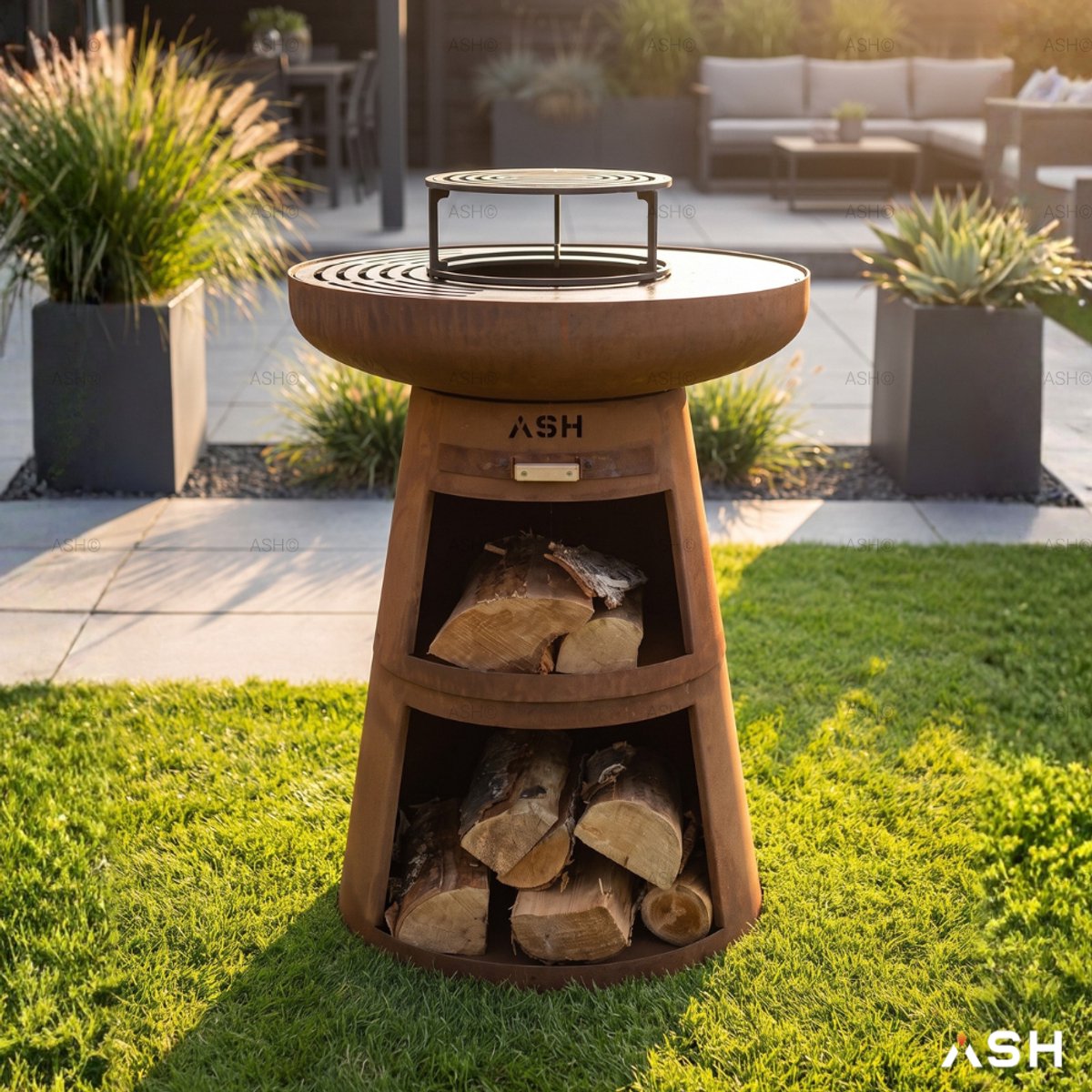 ASH - Horizon - Cortenstaal - Buitenkoken - Plancha Bakken - Plancha BBQ - Buitenkeuken - Met houtopslag - Roest - Vuurschaal met kookopties