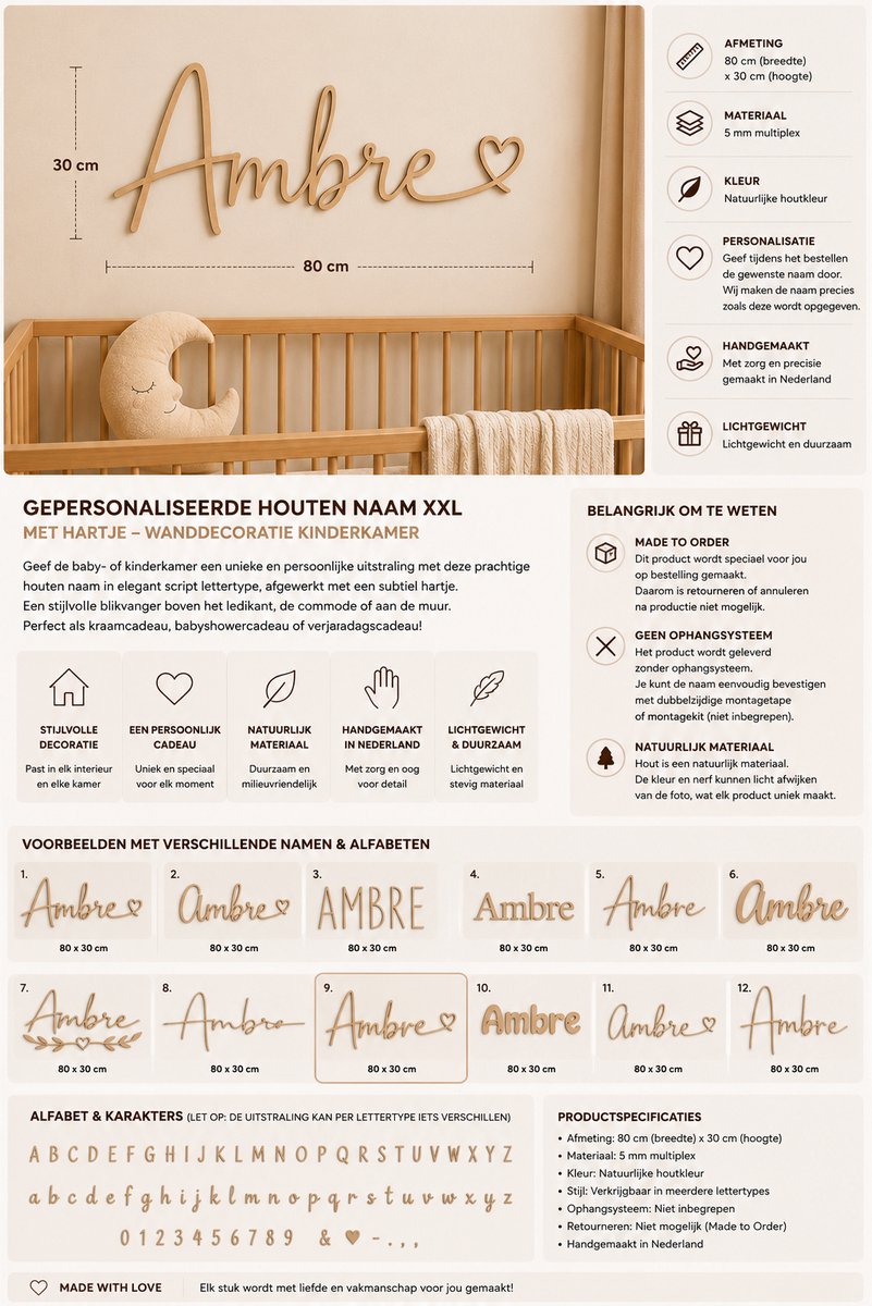 Gepersonaliseerde Houten Naam XXL met Hartje – Wanddecoratie Kinderkamer – 80 x 30 cm – 5 mm Multiplex – Babykamer Decoratie