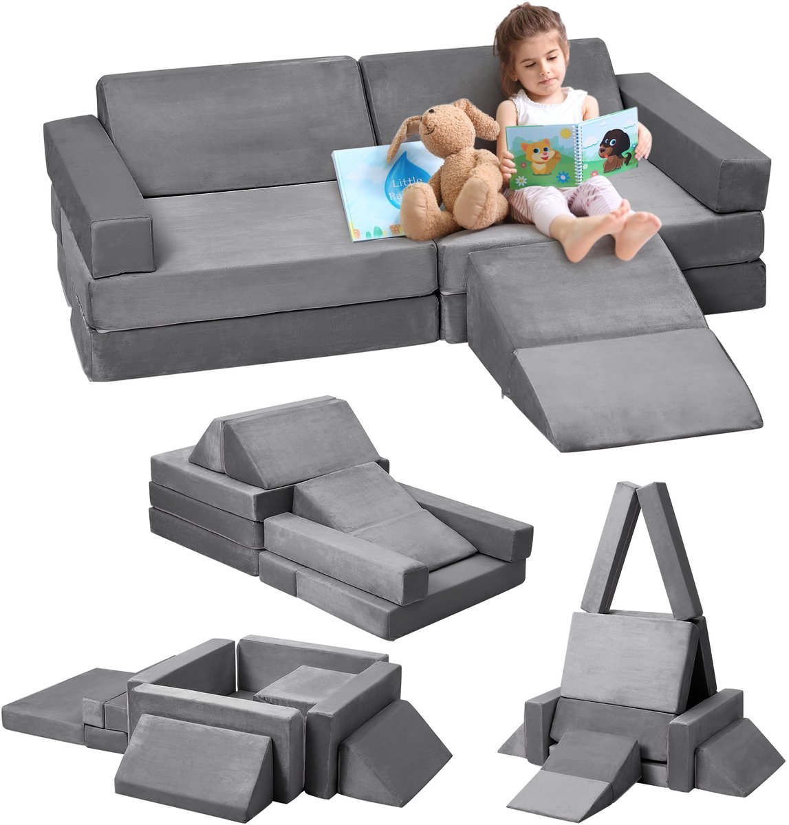 Danky - 12‑Delig Modulair Kinder Speelbank Set - Omvormbaar Schuim Bankje met Glijbaan, Wasbare Fluwelen Hoes - 120x60x28cm - Grijs