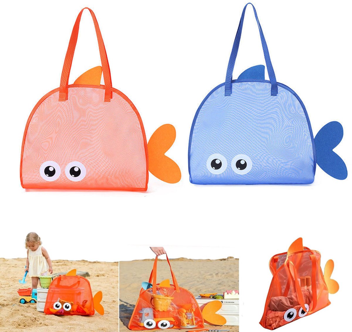 2 stuks Strandtas – Opbergtas voor strandspeelgoed (kinderen) – Lichtgewicht speelgoedtas – Geschikt voor strand, picknick en reizen – Blauw & oranje