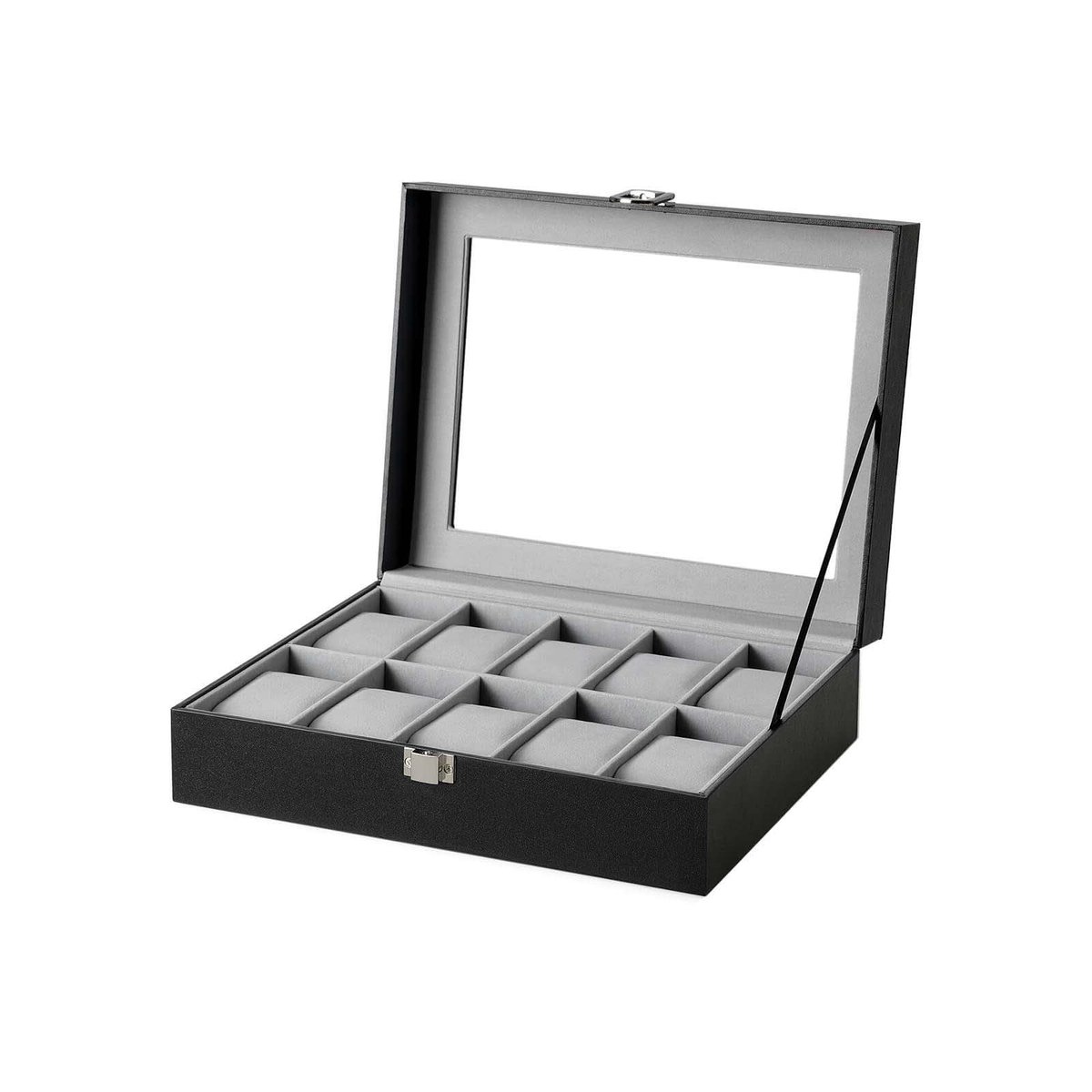 10-vaks horloge-opbergdoos Horloge-displaykoffer 25x21x8.5 cm Zwart met glazen deksel, afneembare horlogekussens, metalen sluiting en pluchen binnenvoering Huishoudelijke organisatie Stevige en duurzame constructie