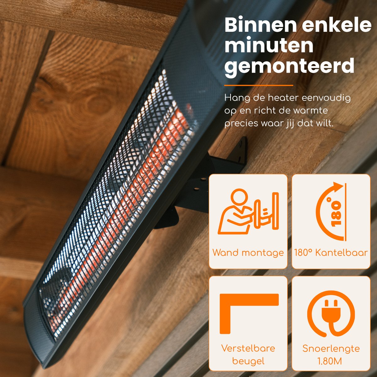 Heatix Carbon Rose Gold Terrasverwarmer – Elektrisch Infrarood Wandmodel – 2500W – Afstandsbediening – Warmtestanden – IP65 – foto 2