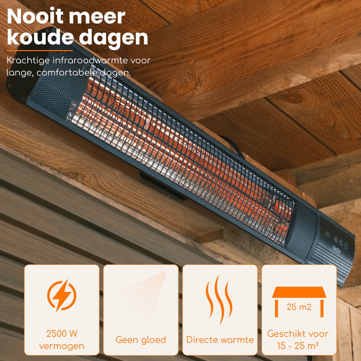 Heatix Carbon Rose Gold Terrasverwarmer – Elektrisch Infrarood Wandmodel – 2500W – Afstandsbediening – Warmtestanden – IP65 – foto 6