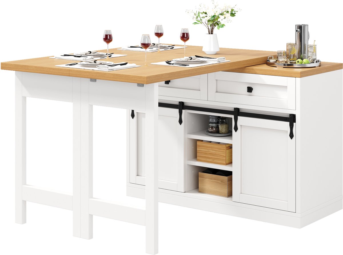 Sweiko Eettafel - Kast - Draaibaar uitschuifbaar tafelblad - 120–197 cm - Schuifdeuren - 2 lades - Verstelbare planken - Wit + Naturel (zonder stoelen)