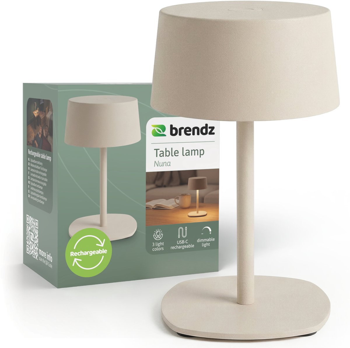 Brendz Oplaadbare Tafellamp, USB-C, 3 Lichtkleuren, Traploos dimbaar, Compact formaat, Warm licht, Tafellamp Slaapkamer, Oplaadbare Tafellamp Binnen, 2000mAh, Nuna, Beige