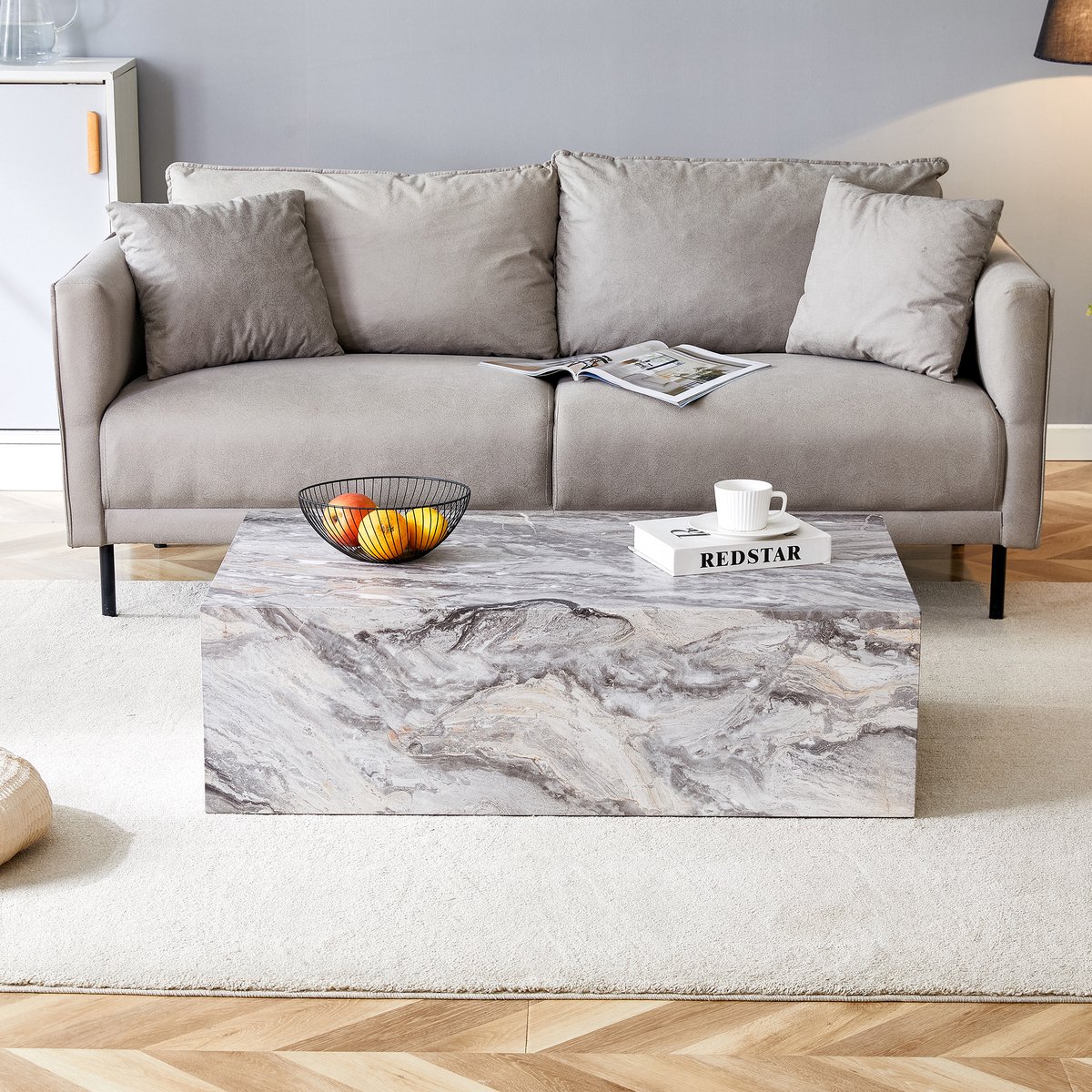 Salontafel - Eettafel - 90x50x30 cm - Rechthoekige Salontafel - Marmerlook Salontafel - Koffietafel - Geen Montage Nodig - Met Antislip Voetjes - bijzettafel - Grijs
