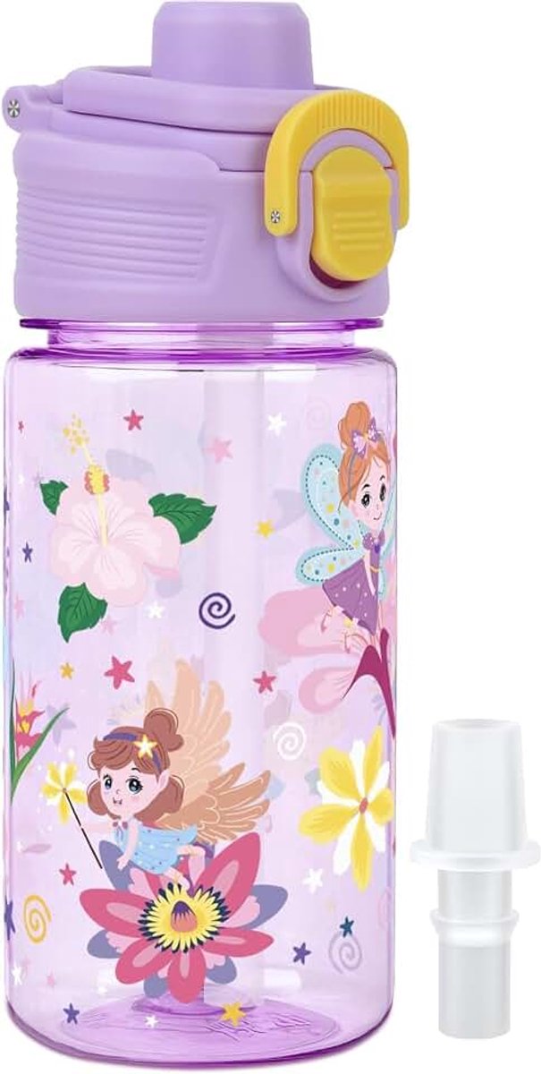 Drinkfles voor kinderen, 380 ml, met lekvrije sluiting, BPA-vrij, voor kinderen vanaf 4 jaar, bloemenfee